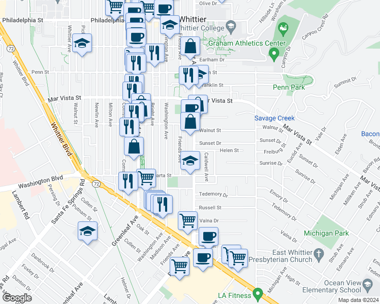 map of restaurants, bars, coffee shops, grocery stores, and more near 7901 Painter Avenue in Whittier