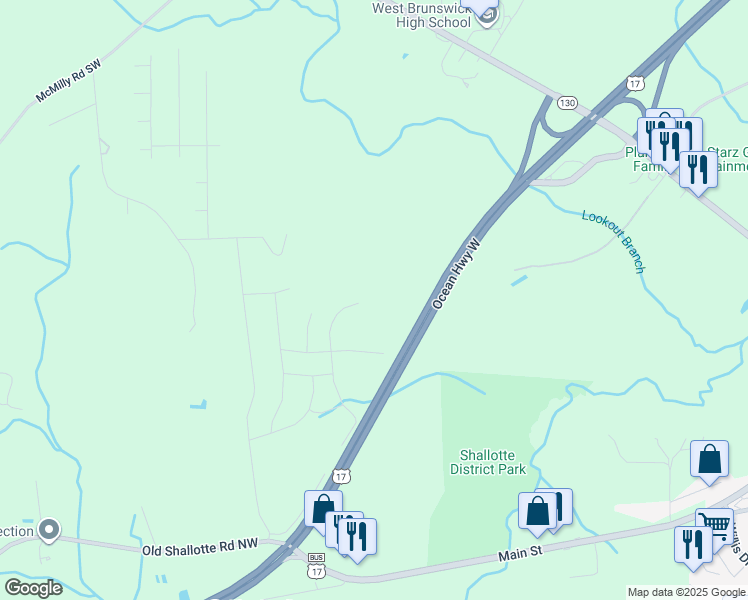 map of restaurants, bars, coffee shops, grocery stores, and more near 4445 East Coast Lane in Shallotte