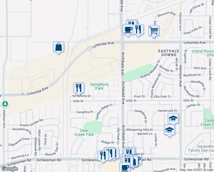 map of restaurants, bars, coffee shops, grocery stores, and more near 6503 Concerto Drive in Corona