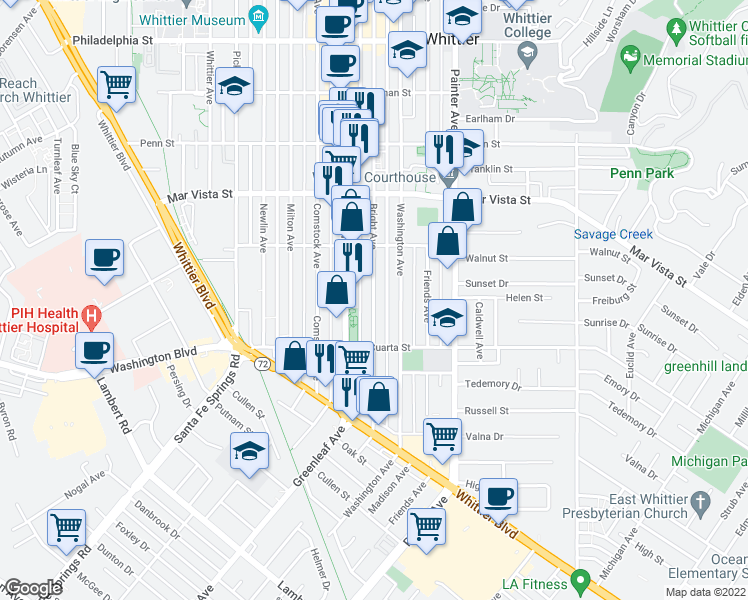 map of restaurants, bars, coffee shops, grocery stores, and more near 7904 Bright Avenue in Whittier