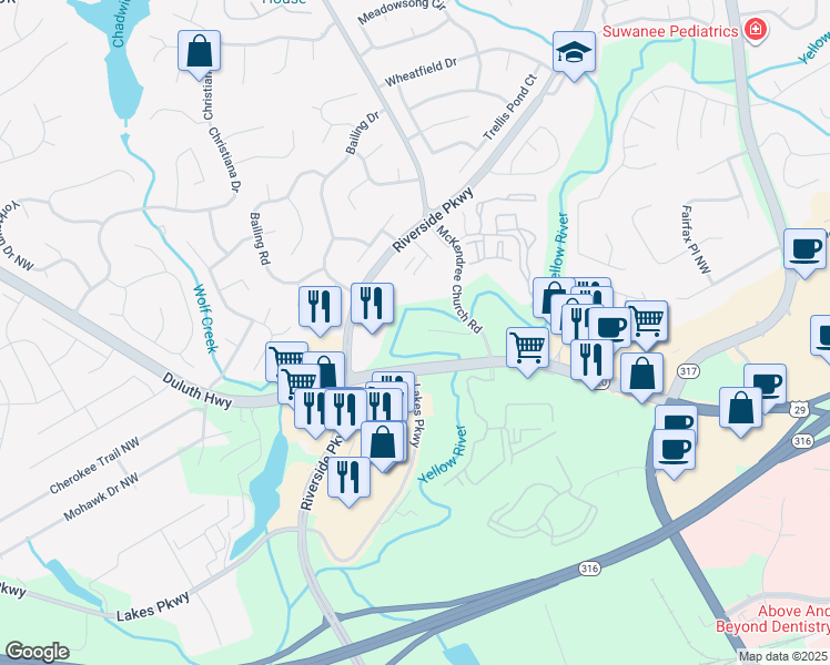 map of restaurants, bars, coffee shops, grocery stores, and more near 1000 River Centre Place in Lawrenceville