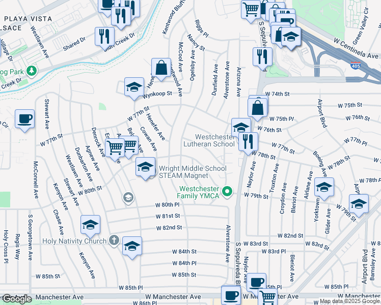 map of restaurants, bars, coffee shops, grocery stores, and more near 6375 West 79th Street in Los Angeles