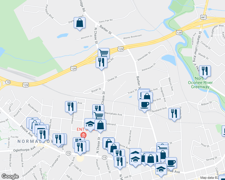 map of restaurants, bars, coffee shops, grocery stores, and more near 1150 North Chase Street in Athens