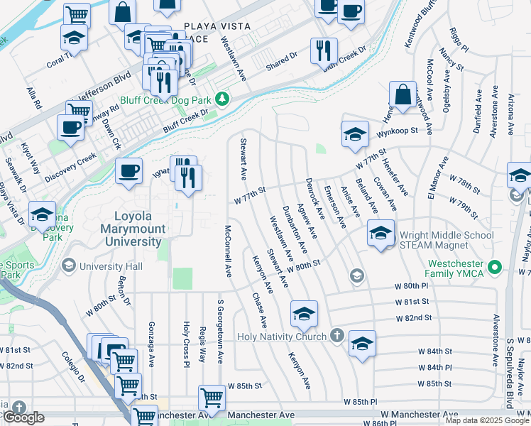 map of restaurants, bars, coffee shops, grocery stores, and more near 7706 Stewart Avenue in Los Angeles