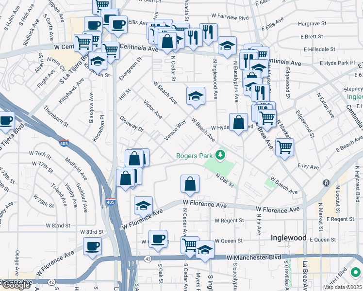 map of restaurants, bars, coffee shops, grocery stores, and more near 609 West Hyde Park Boulevard in Inglewood