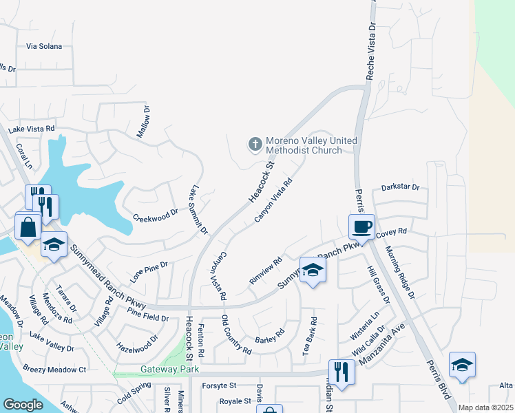 map of restaurants, bars, coffee shops, grocery stores, and more near 24240 Summit Ridge Circle in Moreno Valley
