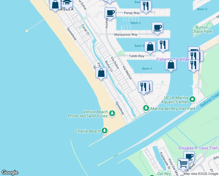 map of restaurants, bars, coffee shops, grocery stores, and more near 45 Reef Street in Marina del Rey