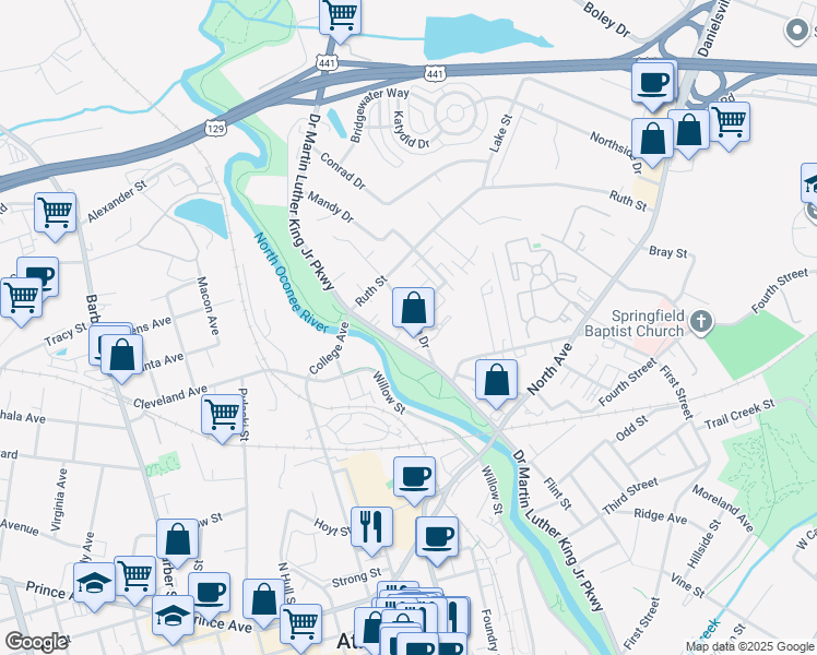 map of restaurants, bars, coffee shops, grocery stores, and more near 120 Artisan Place in Athens
