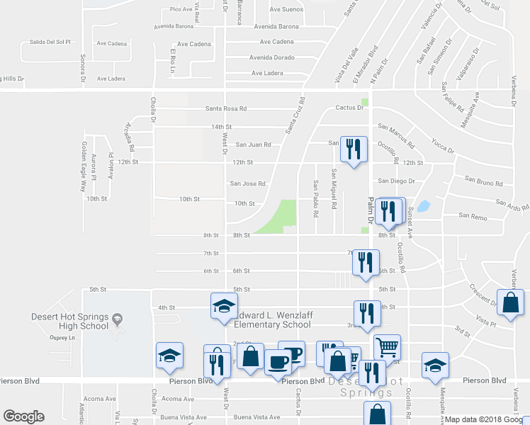 map of restaurants, bars, coffee shops, grocery stores, and more near 10800 Santa Cruz Road in Desert Hot Springs