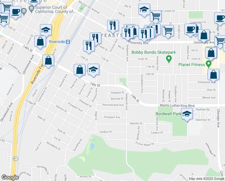 map of restaurants, bars, coffee shops, grocery stores, and more near 2474 14th Street in Riverside