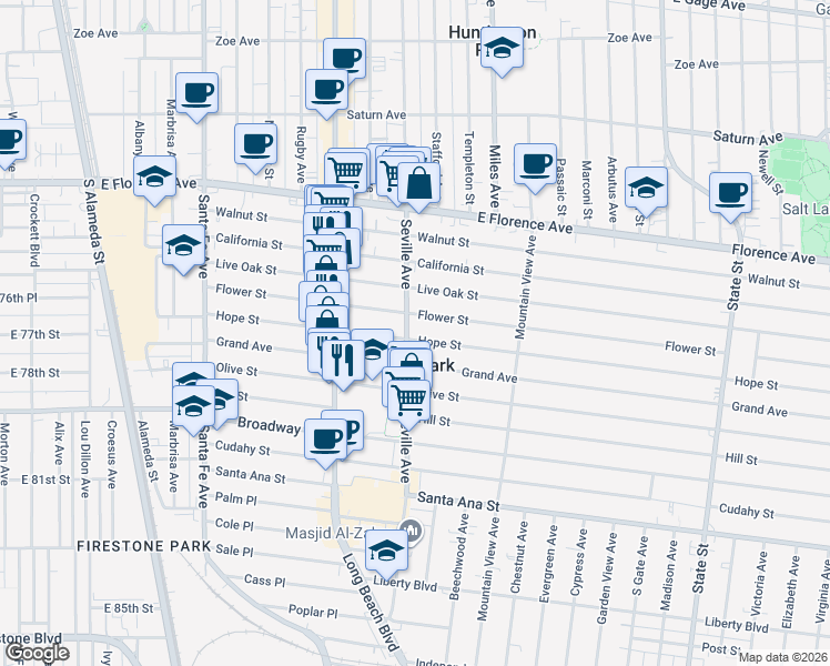 map of restaurants, bars, coffee shops, grocery stores, and more near 7601 Seville Avenue in Huntington Park