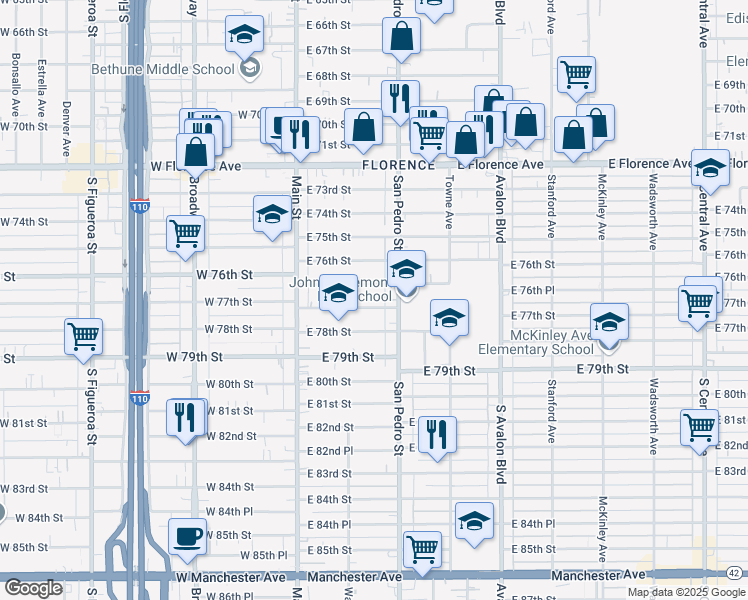 map of restaurants, bars, coffee shops, grocery stores, and more near 239 East 76th Place in Los Angeles