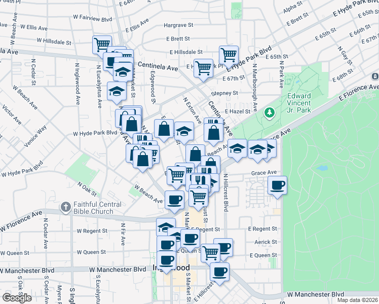 map of restaurants, bars, coffee shops, grocery stores, and more near 323 Warren Lane in Inglewood
