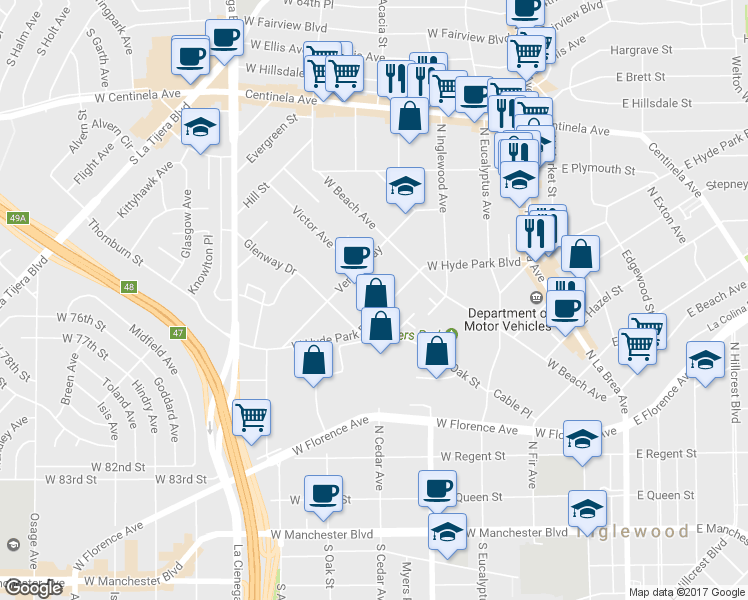 map of restaurants, bars, coffee shops, grocery stores, and more near 531 West Hyde Park Boulevard in Inglewood