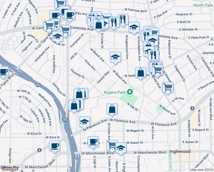 map of restaurants, bars, coffee shops, grocery stores, and more near 604 Venice Way in Inglewood