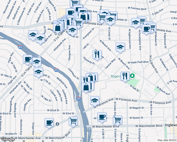 map of restaurants, bars, coffee shops, grocery stores, and more near 815 Flora Drive in Inglewood