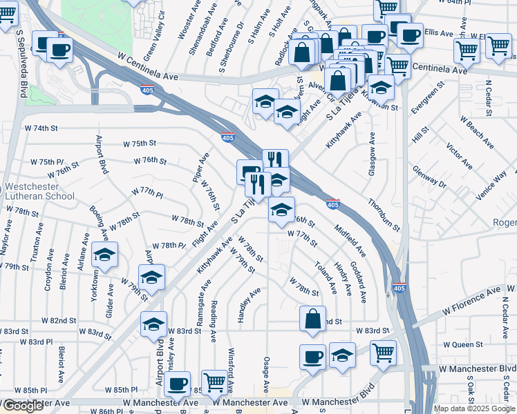 map of restaurants, bars, coffee shops, grocery stores, and more near 7411 La Tijera Boulevard in Los Angeles