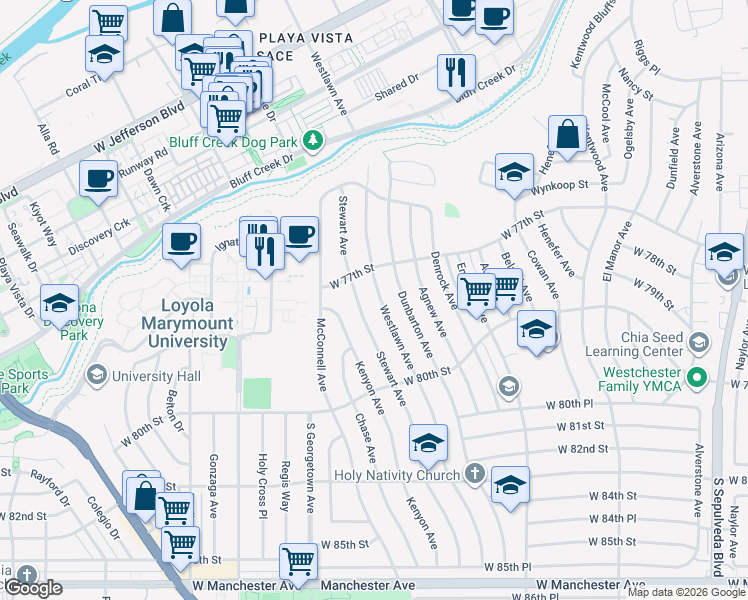 map of restaurants, bars, coffee shops, grocery stores, and more near 7706 Stewart Avenue in Los Angeles