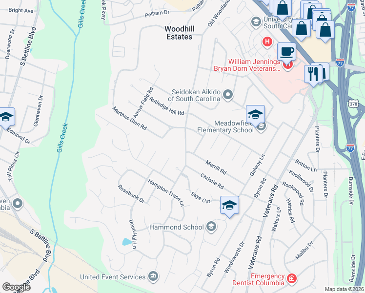 map of restaurants, bars, coffee shops, grocery stores, and more near 508 Old Woodlands Road in Columbia