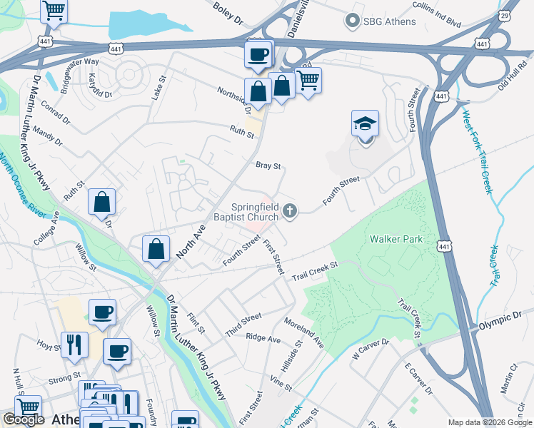 map of restaurants, bars, coffee shops, grocery stores, and more near 537 Fourth Street in Athens