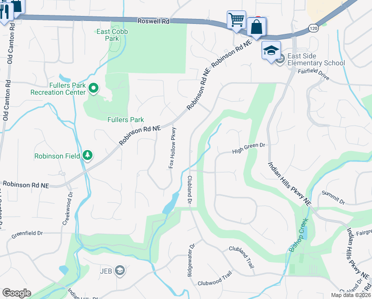 map of restaurants, bars, coffee shops, grocery stores, and more near 3530 Clubland Drive in Marietta