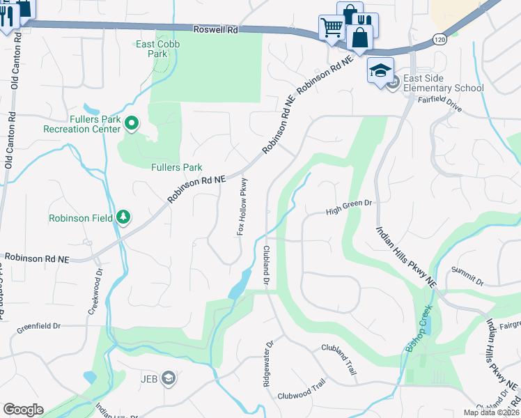 map of restaurants, bars, coffee shops, grocery stores, and more near 3530 Clubland Dr in Marietta