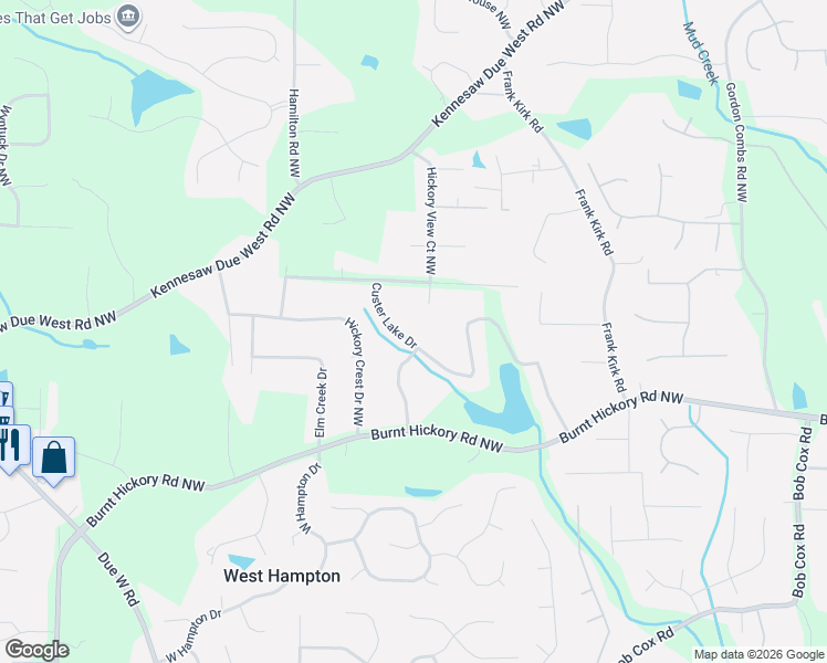 map of restaurants, bars, coffee shops, grocery stores, and more near 3320 Custer Lake Drive Northwest in Marietta