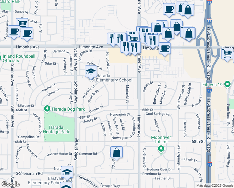 map of restaurants, bars, coffee shops, grocery stores, and more near 6496 Lavender Street in Corona