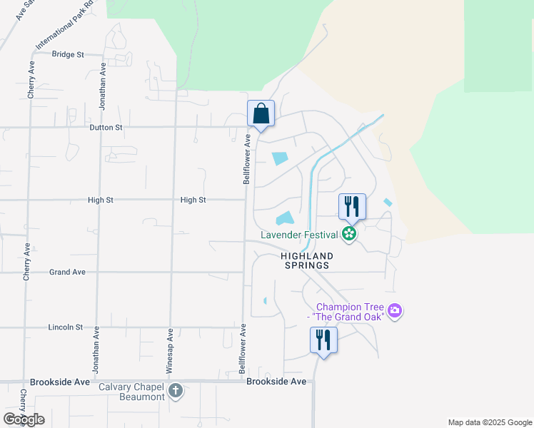 map of restaurants, bars, coffee shops, grocery stores, and more near 40789 Oregon Trail in Cherry Valley