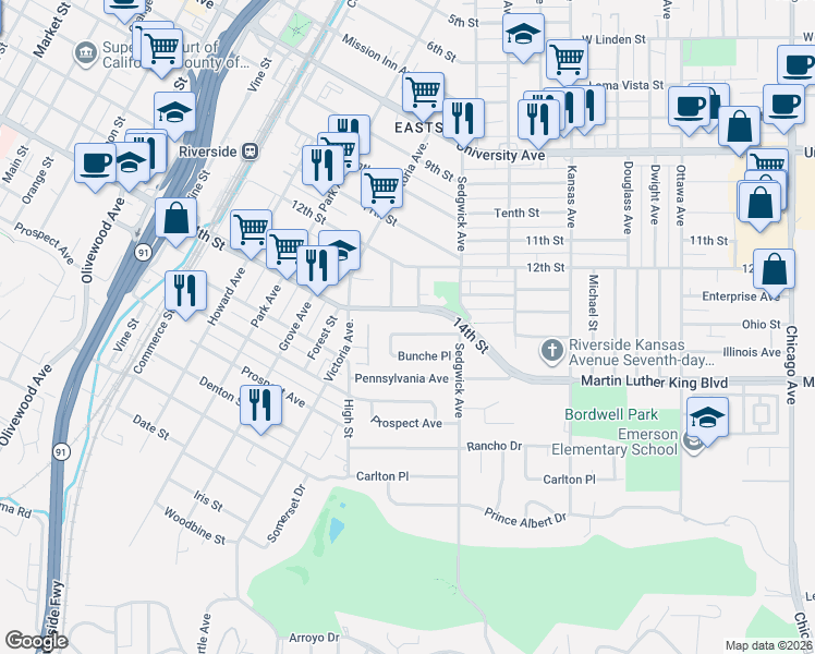 map of restaurants, bars, coffee shops, grocery stores, and more near 2493 Vasquez Place in Riverside