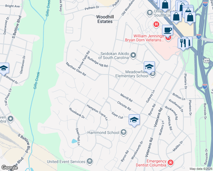 map of restaurants, bars, coffee shops, grocery stores, and more near 508 Old Woodlands Road in Columbia