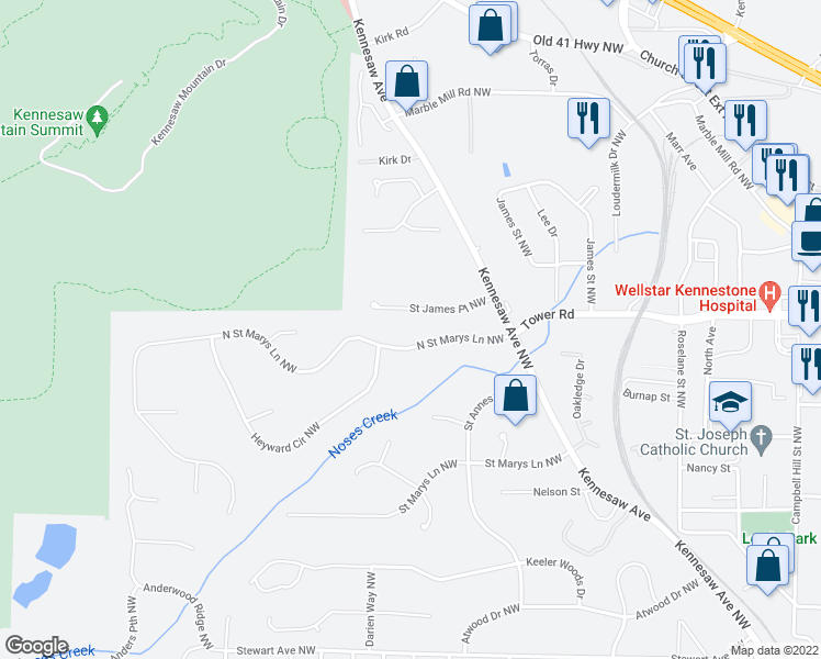 map of restaurants, bars, coffee shops, grocery stores, and more near 773 North Saint Marys Lane Northwest in Marietta