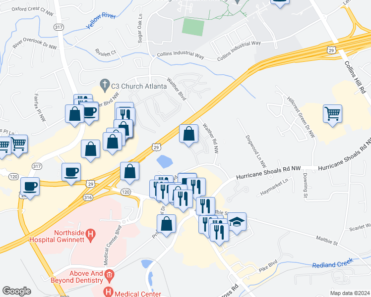 map of restaurants, bars, coffee shops, grocery stores, and more near 659 Philip Boulevard in Lawrenceville