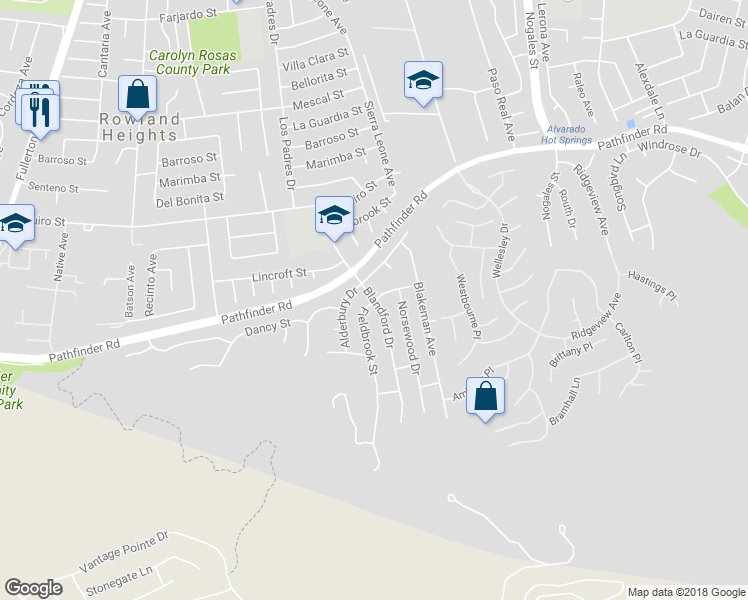 map of restaurants, bars, coffee shops, grocery stores, and more near 18699 Fieldbrook Street in Rowland Heights