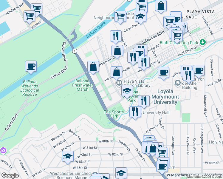 map of restaurants, bars, coffee shops, grocery stores, and more near 6201 Playa Vista Drive in Los Angeles