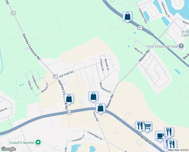 map of restaurants, bars, coffee shops, grocery stores, and more near 1760 Musket Trail in Sumter