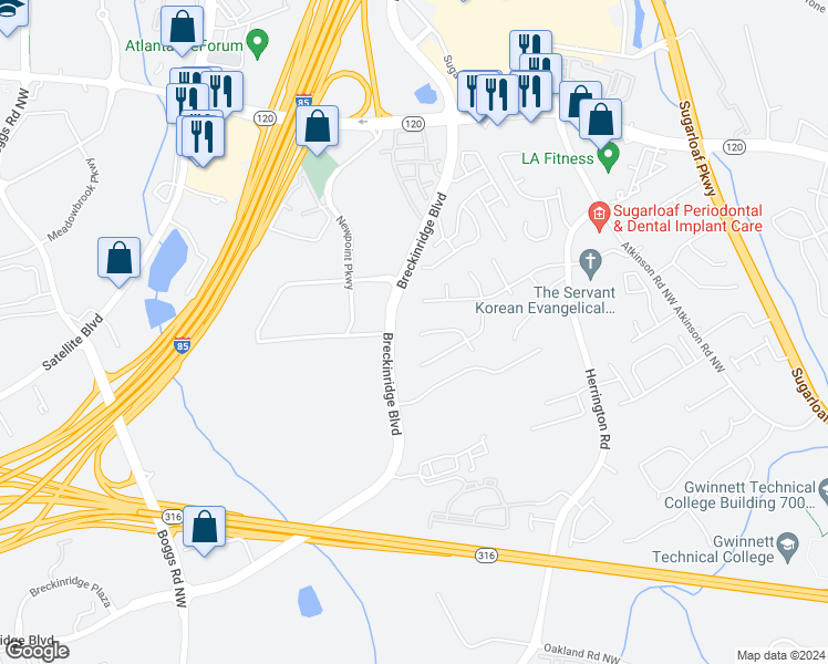 map of restaurants, bars, coffee shops, grocery stores, and more near 1801 Tessa Court in Lawrenceville