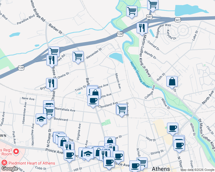 map of restaurants, bars, coffee shops, grocery stores, and more near 357 Augusta Avenue in Athens