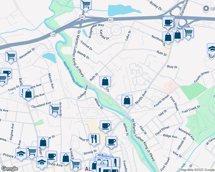 map of restaurants, bars, coffee shops, grocery stores, and more near 132 Ruth Drive in Athens