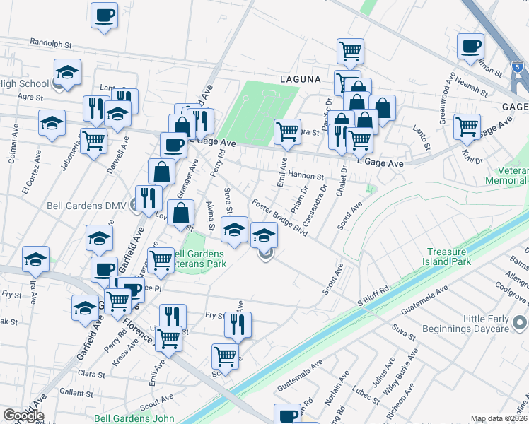 map of restaurants, bars, coffee shops, grocery stores, and more near 6603 Emil Avenue in Bell Gardens