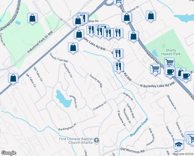 map of restaurants, bars, coffee shops, grocery stores, and more near 2800 Gravitt Road Northwest in Duluth