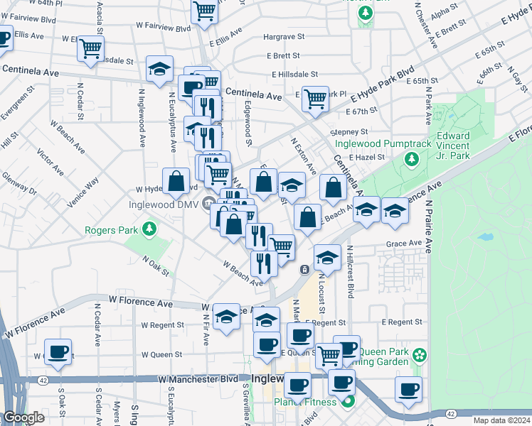 map of restaurants, bars, coffee shops, grocery stores, and more near 210 East Hazel Street in Inglewood