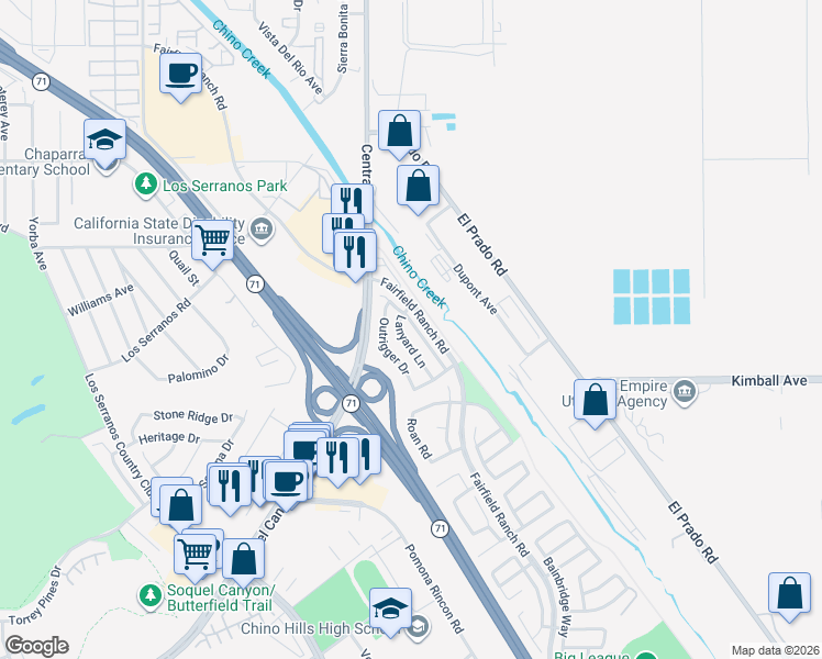 map of restaurants, bars, coffee shops, grocery stores, and more near 15558 Timberidge Lane in Chino Hills
