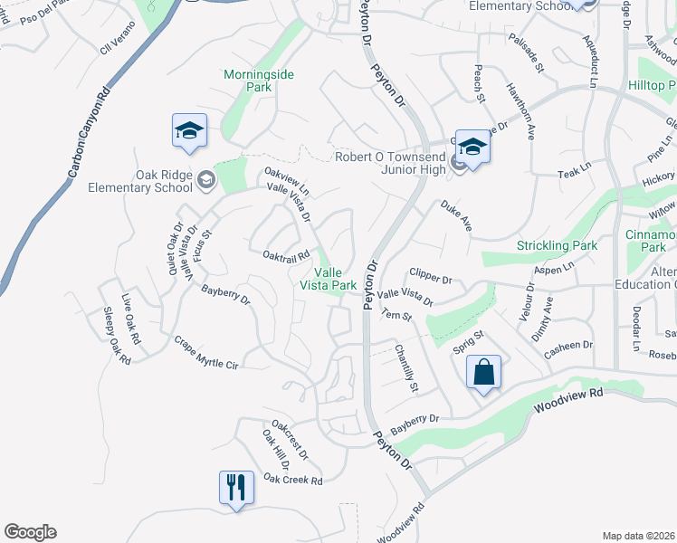 map of restaurants, bars, coffee shops, grocery stores, and more near 15598 Oakdale Road in Chino Hills
