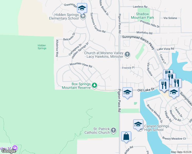 map of restaurants, bars, coffee shops, grocery stores, and more near 10387 Crossing Green Circle in Moreno Valley