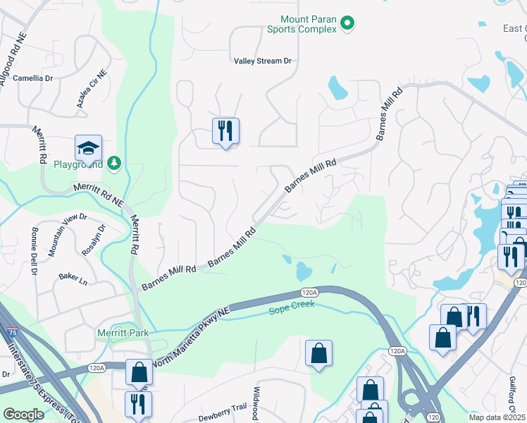 map of restaurants, bars, coffee shops, grocery stores, and more near 1662 Cedar Bluff Way in Marietta