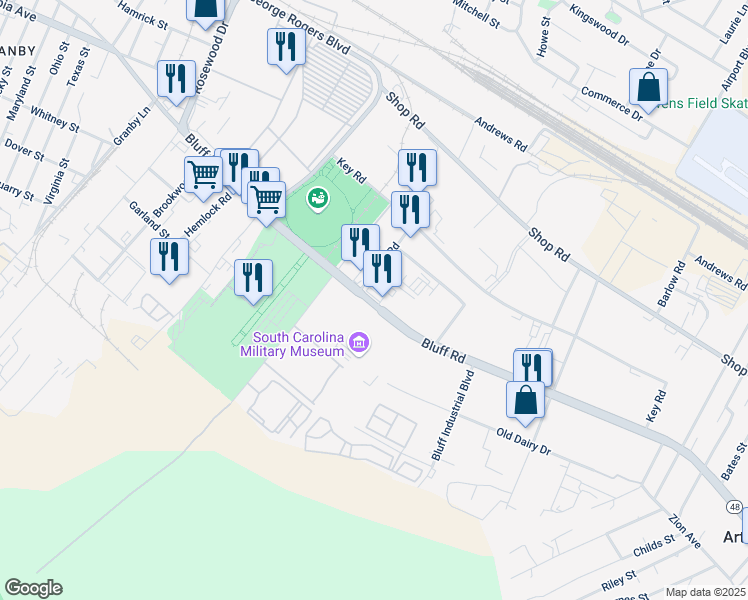 map of restaurants, bars, coffee shops, grocery stores, and more near 1055 Market Road in Columbia