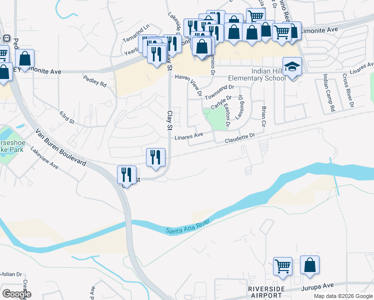 map of restaurants, bars, coffee shops, grocery stores, and more near 8140 David Way in Riverside