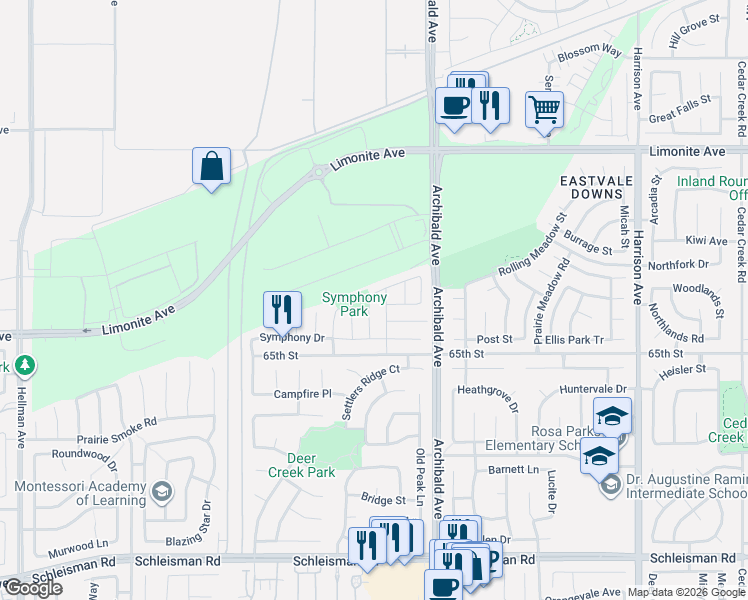 map of restaurants, bars, coffee shops, grocery stores, and more near 13325 Cadenza Drive in Corona