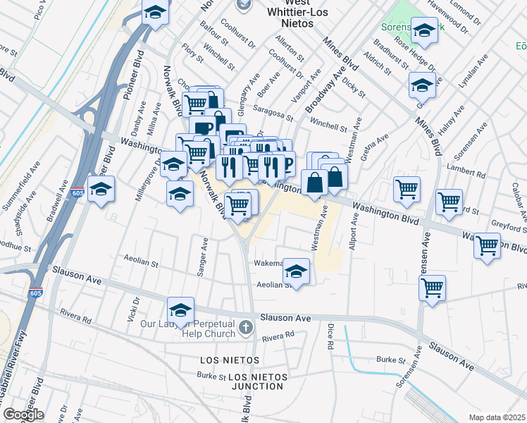 map of restaurants, bars, coffee shops, grocery stores, and more near in Santa Fe Springs